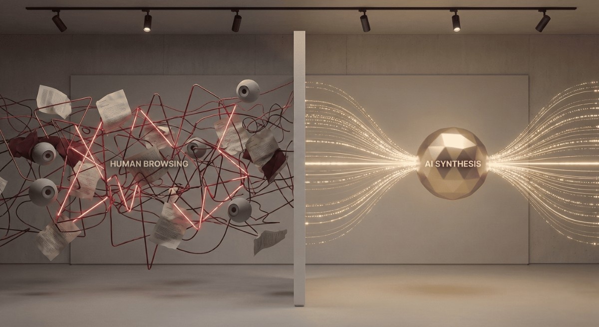 Visual metaphor for how large language models process and comprehend information, showing the synthesis layer between training data and query responses that determines content selection and visibility in AI-generated answers